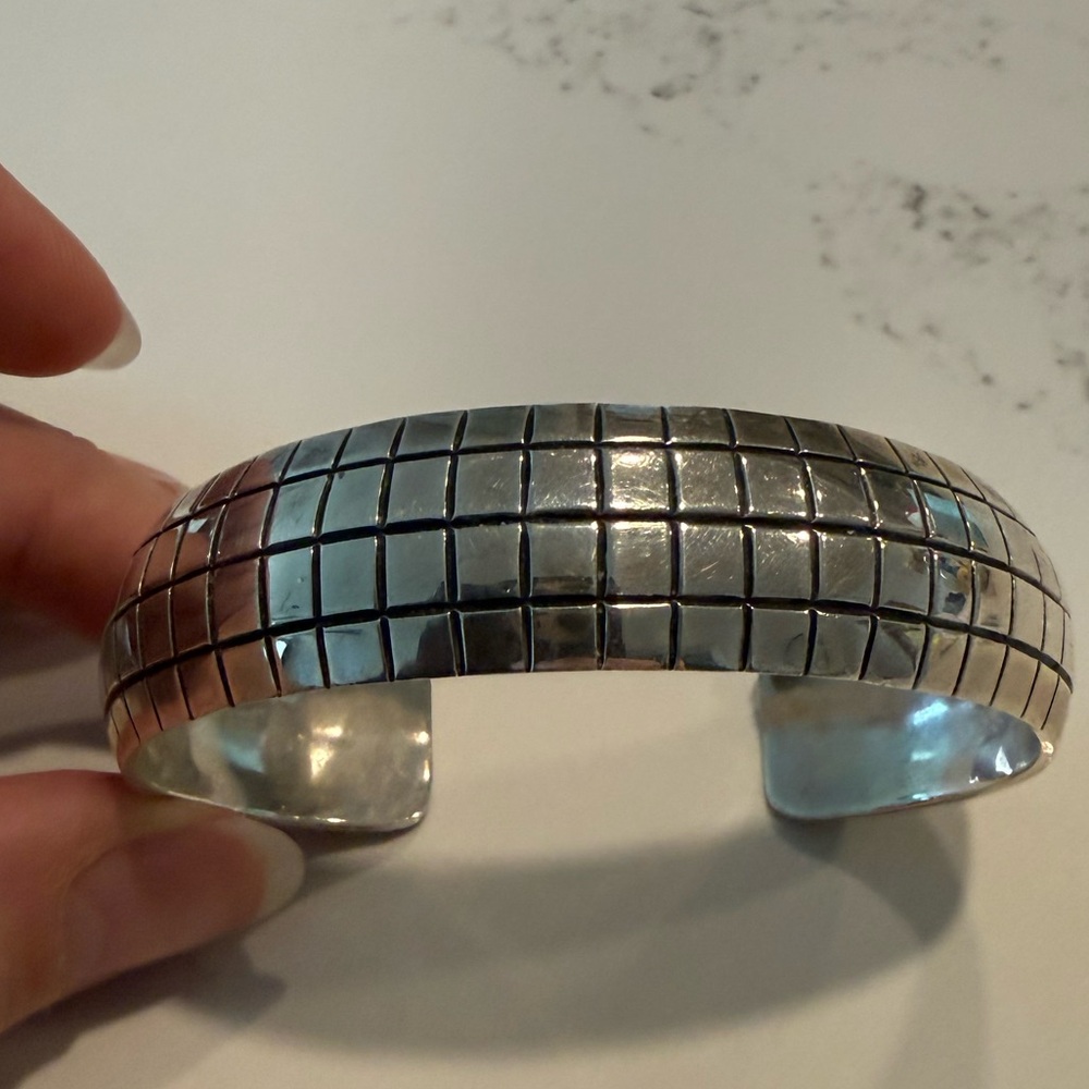 Sterling Silver Mexico Stamped Checkered Cuff